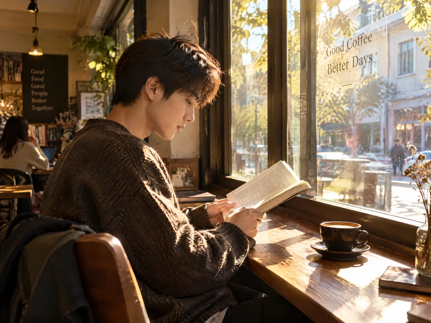 AI 生成的寫實生活照:年輕人坐在咖啡館窗邊看書,午後陽光照在木桌和咖啡杯上,背景黑板上有裝飾性的英文字樣