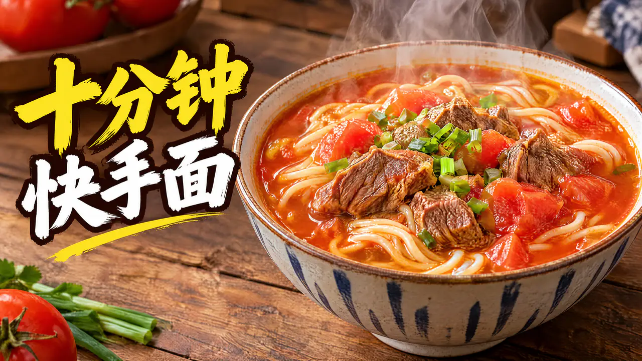 AI 生成的 16:9 美食影片封面:木桌上一碗冒熱氣的番茄牛肉麵,左側寫著大字「十分鐘快手面」
