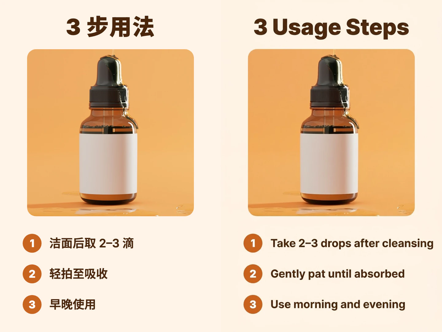 精華液三步用法圖從中文譯成英語前後的對比
